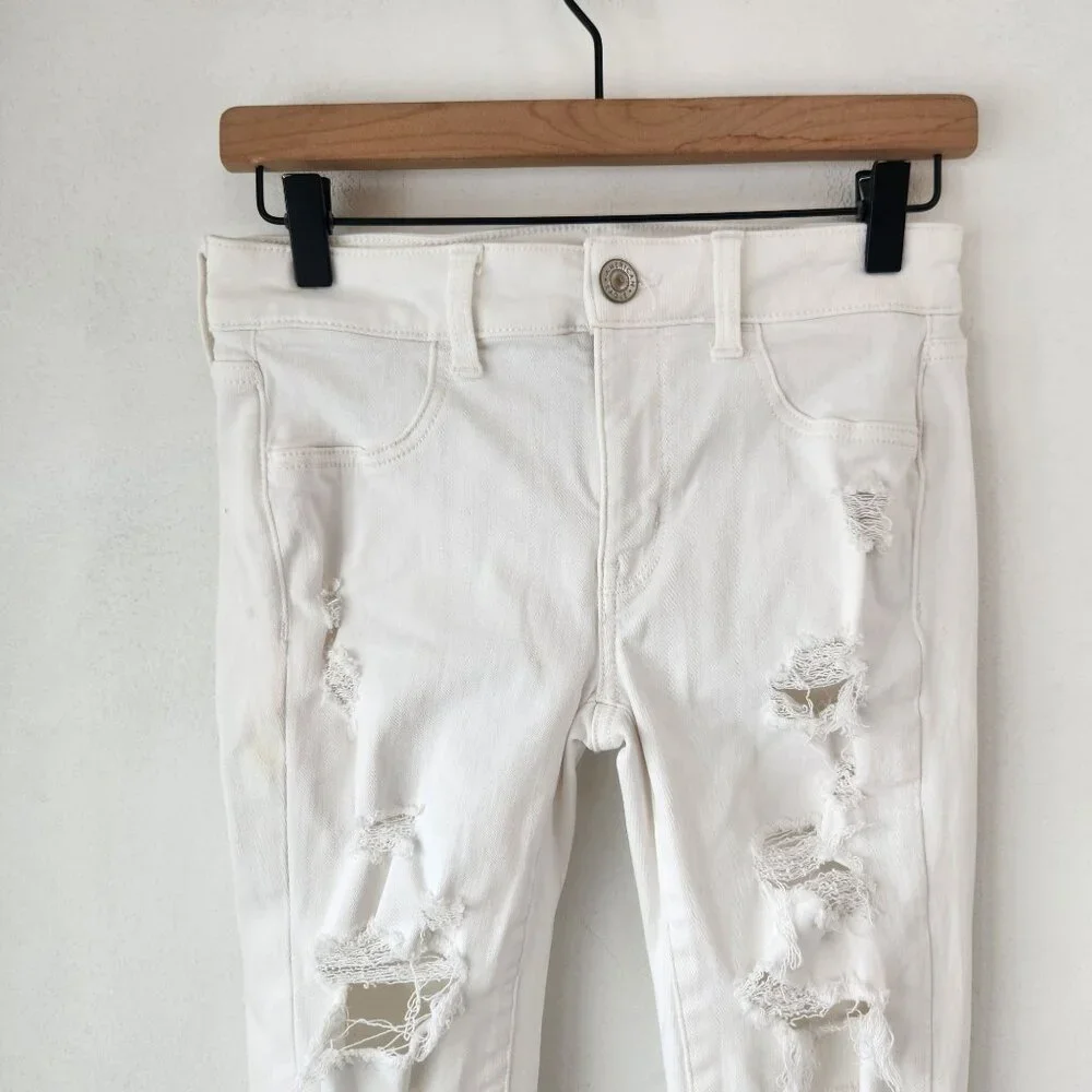 American Eagle Jeggings Distressed White Skinny Jeans Stretch Denim Women's 4 - Picture 3 of 10